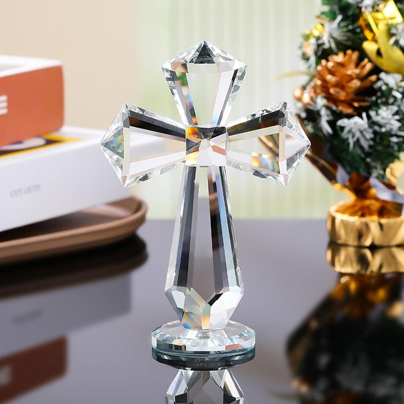 Rotroyce Hand-Carved Crystal Cross Desk Decor - 6 Inch Spiritual Gift for Christians, Clear K9 Crystal Religious Figurine with 360° Faceted Design, Home Altar & Office Inspirational Ornament (Transparent) - Image 4